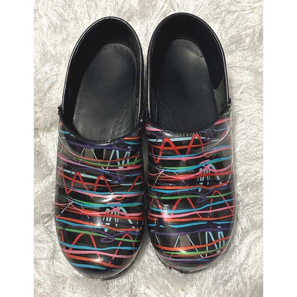Dansko Professional Clogs Womens Black Patent Leather Abstract Scribble Print 39